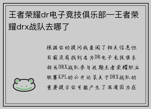 王者荣耀dr电子竞技俱乐部—王者荣耀drx战队去哪了